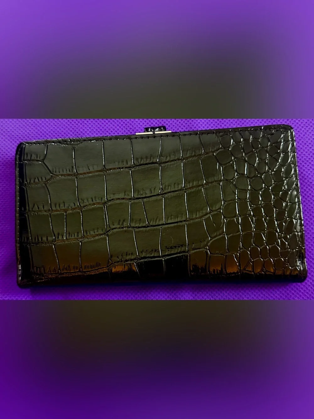 Black Croc-Embossed Women's Clutch with Gold Accent